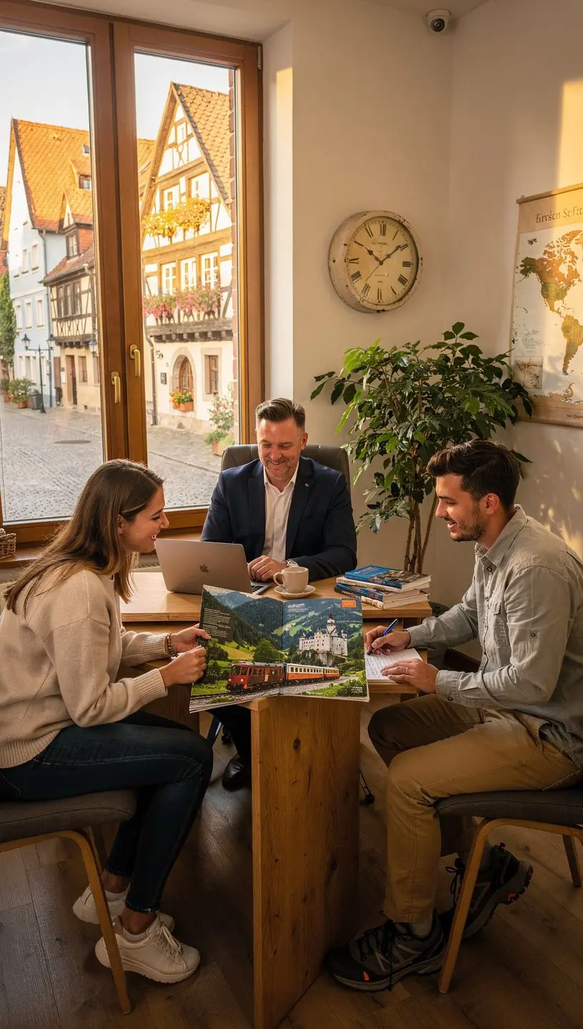 Beratungsgespräch zwischen einem Kunden und einem Reiseexperten in einem stilvollen Studio für maßgeschneiderte Zugreisen durch Deutschland.